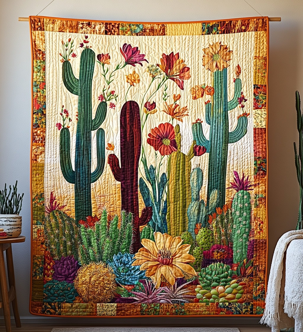 Cactus Desert Delight Quilted Blanket Colorful Floral Throw Blanket Cactus Lover Gift