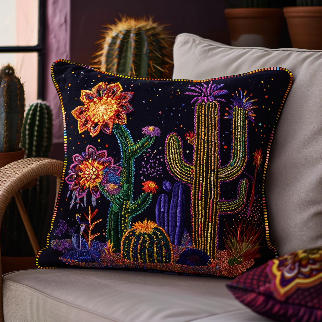 Cactus Dreamscape Quilted Pillow Case Colorful Southwest Floral Cushion Case Gift For Him
