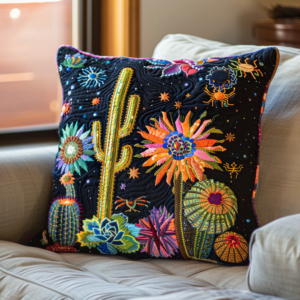 Cactus Night Fiesta Quilted Pillow Case Boho Night Garden Home Decor Gift For Him