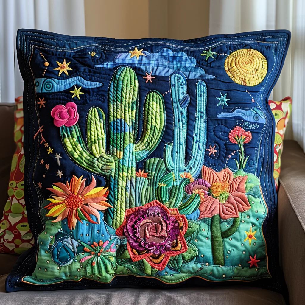 Cactus Night Quilted Pillow Case Vibrant Southwest Succulent Cushion Case Gift For Dad