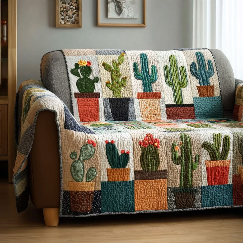 Cactus Quilted Sofa Cover Nature Patchwork Sofa Protector Cover Great Cactus Lover Gifts