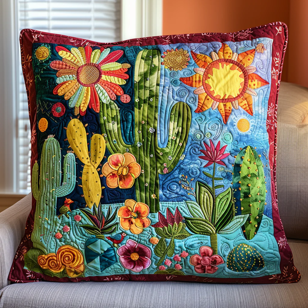 Cactus Routine Quilted Pillow Case Day And Night Desert Dream Decor Gift For Him