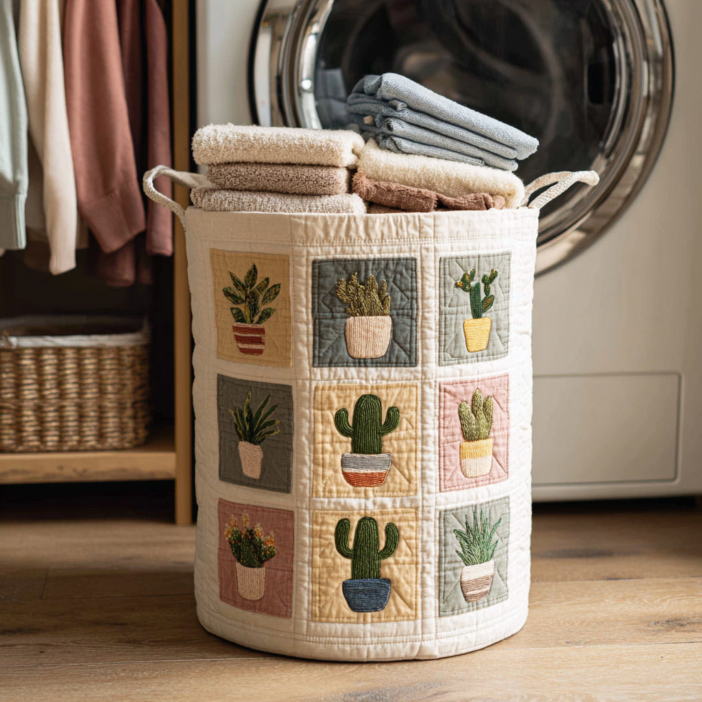 Cactus Sunny Quilted Laundry Basket Cute Storage Bin Hamper Unique Cactus Gifts For Her