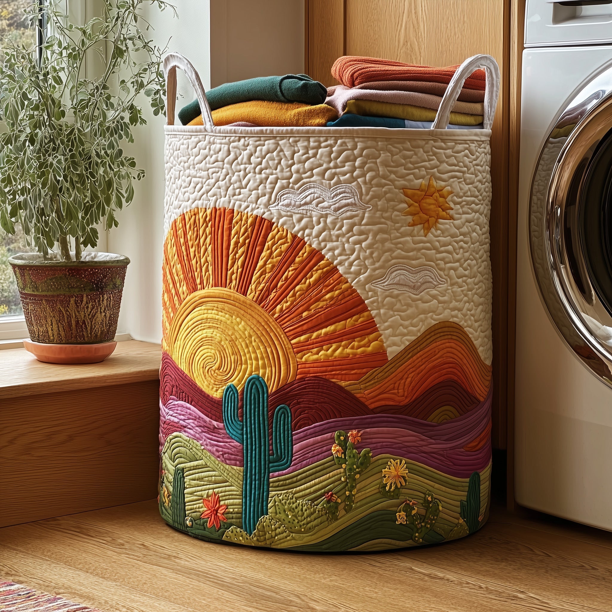 Cactus Sunset Quilted Laundry Basket Unique Clothes Hamper Gifts For Nature Lovers