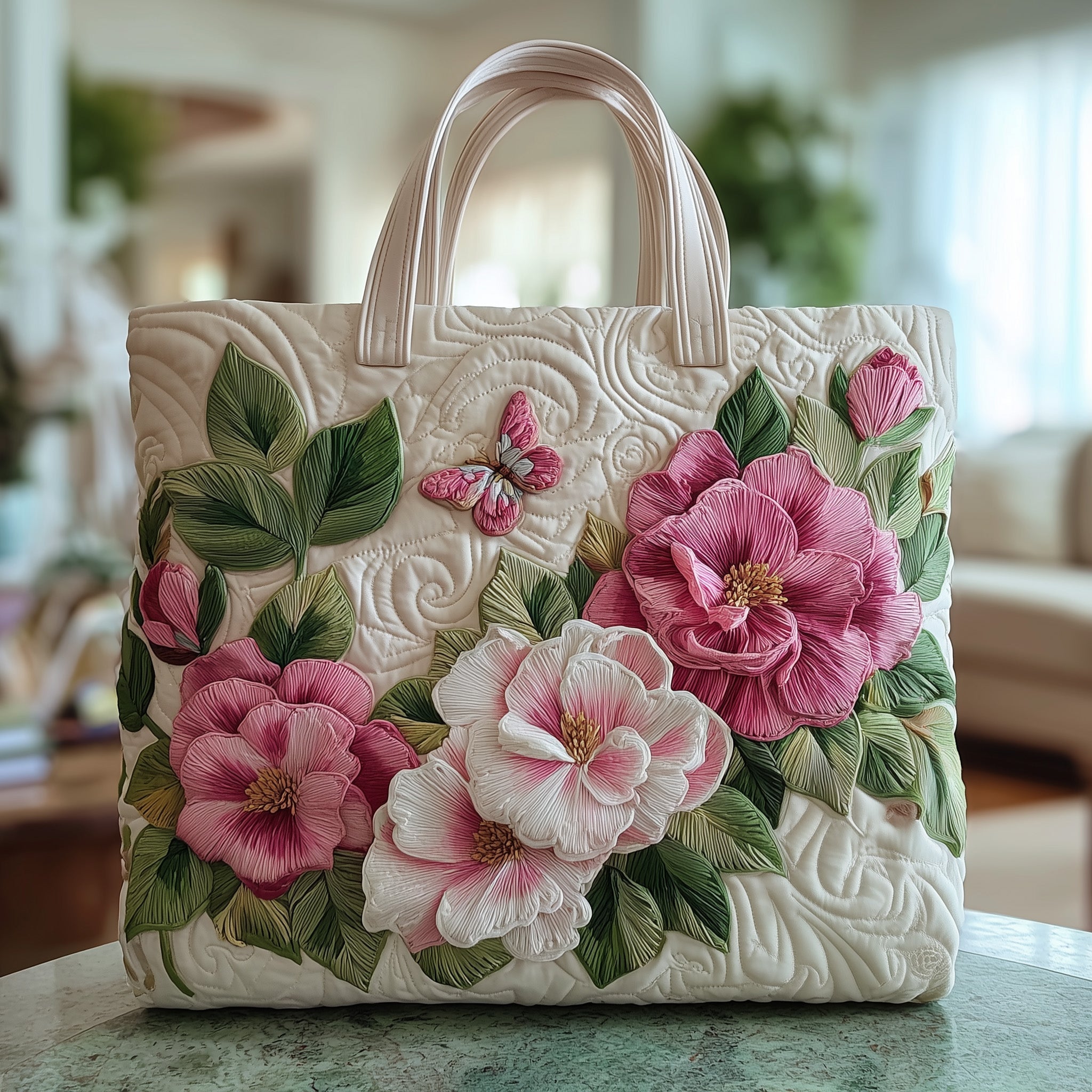 Camellia Quilted Tote Bag Elegant Floral Shoulder Bag Gifts For Mother In Law
