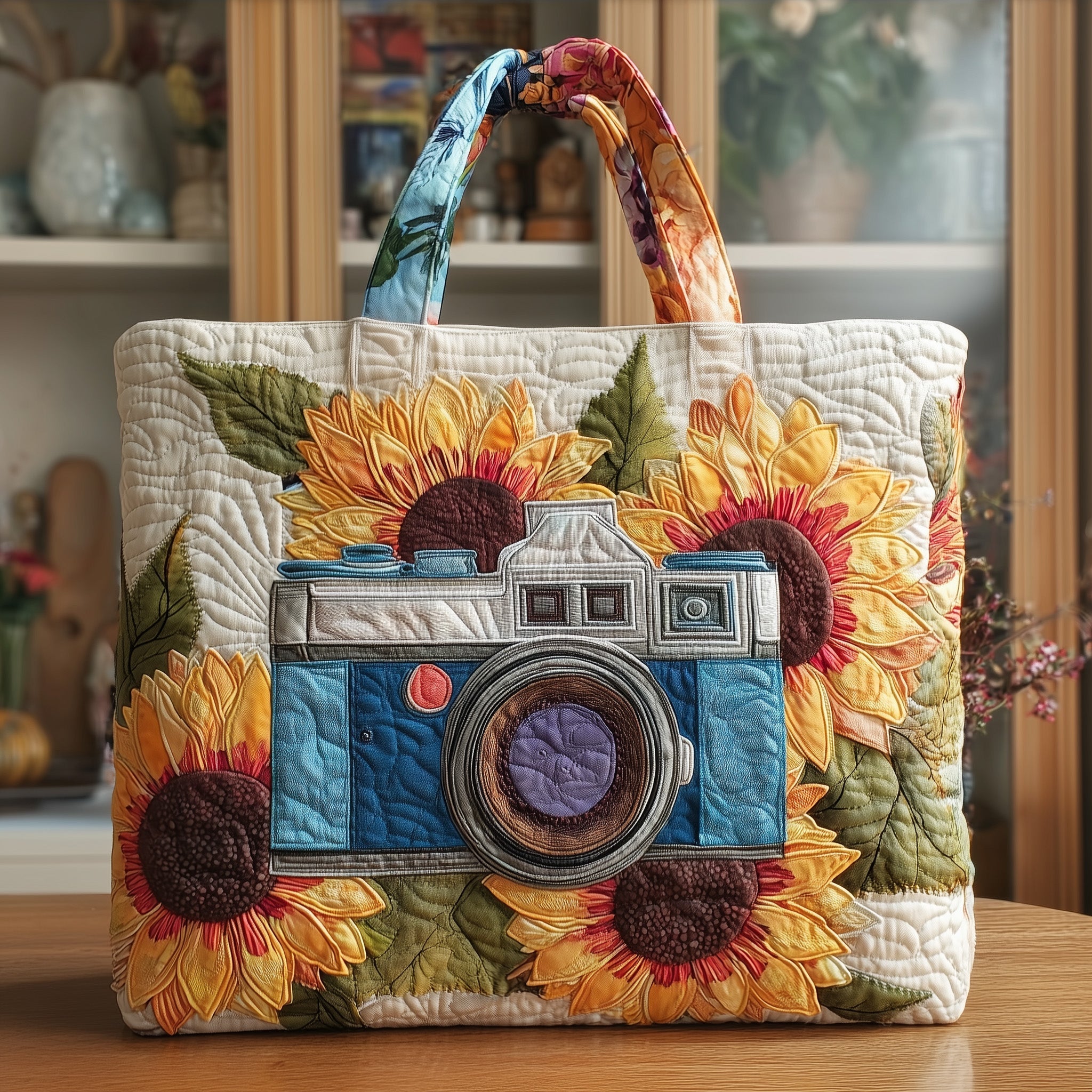 Camera Quilted Tote Bag Sunflower Shoulder Bags For Women Birthday Ideas For Wife