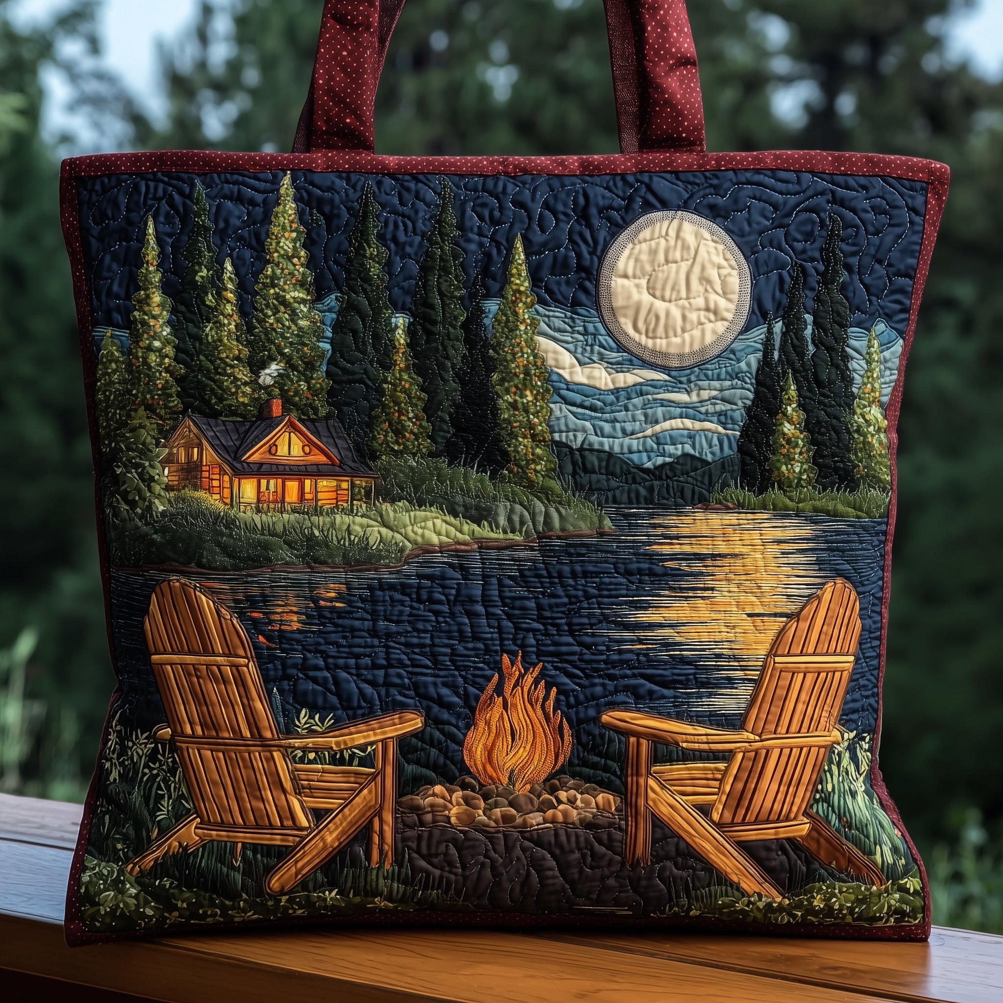 Campfire Harmony Quilted Tote Bag Best Women's Shoulder Bags Gifts For Camping Lovers