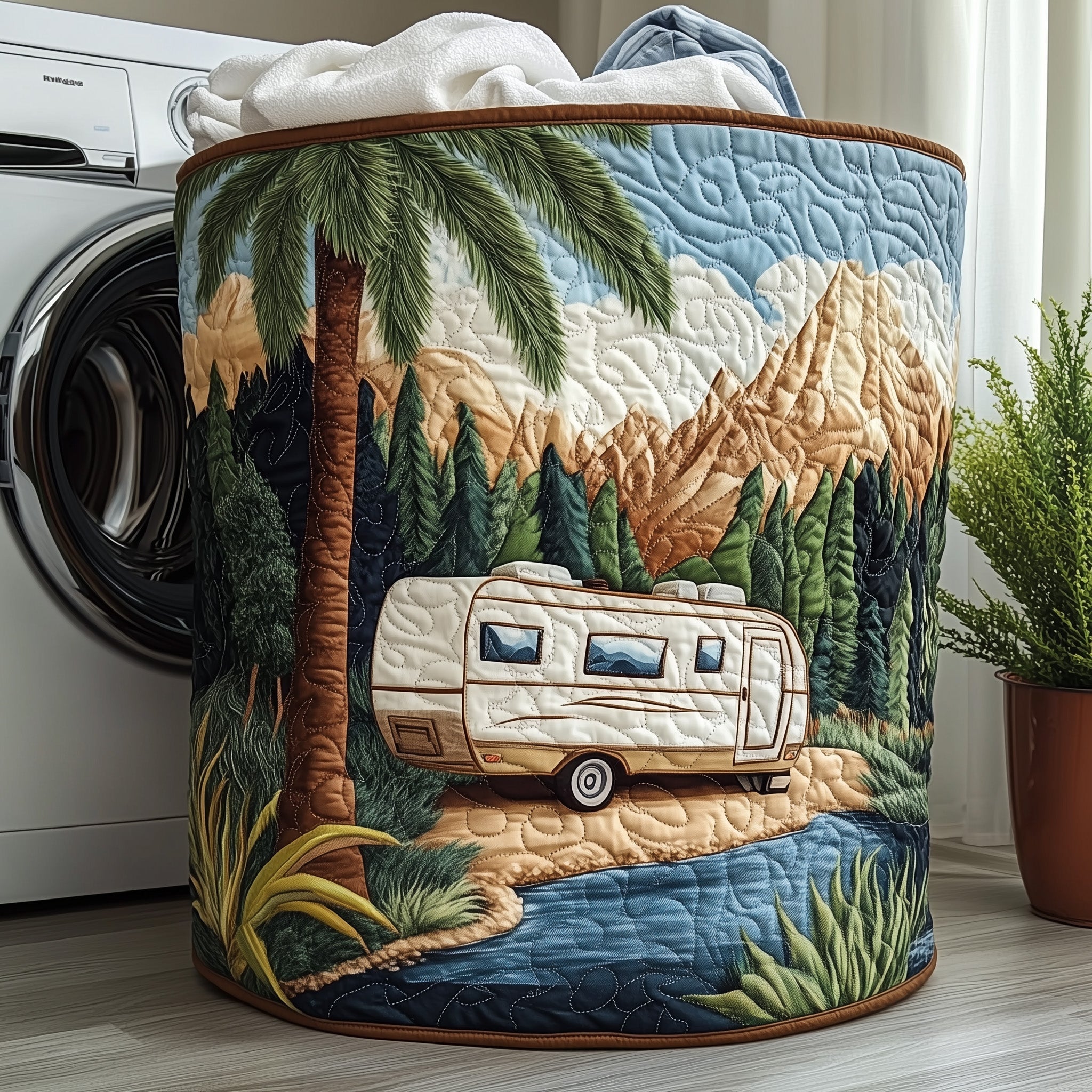 Camping Vibe Quilted Laundry Basket Adventure Themed Laundry Hamper Gift For Campers