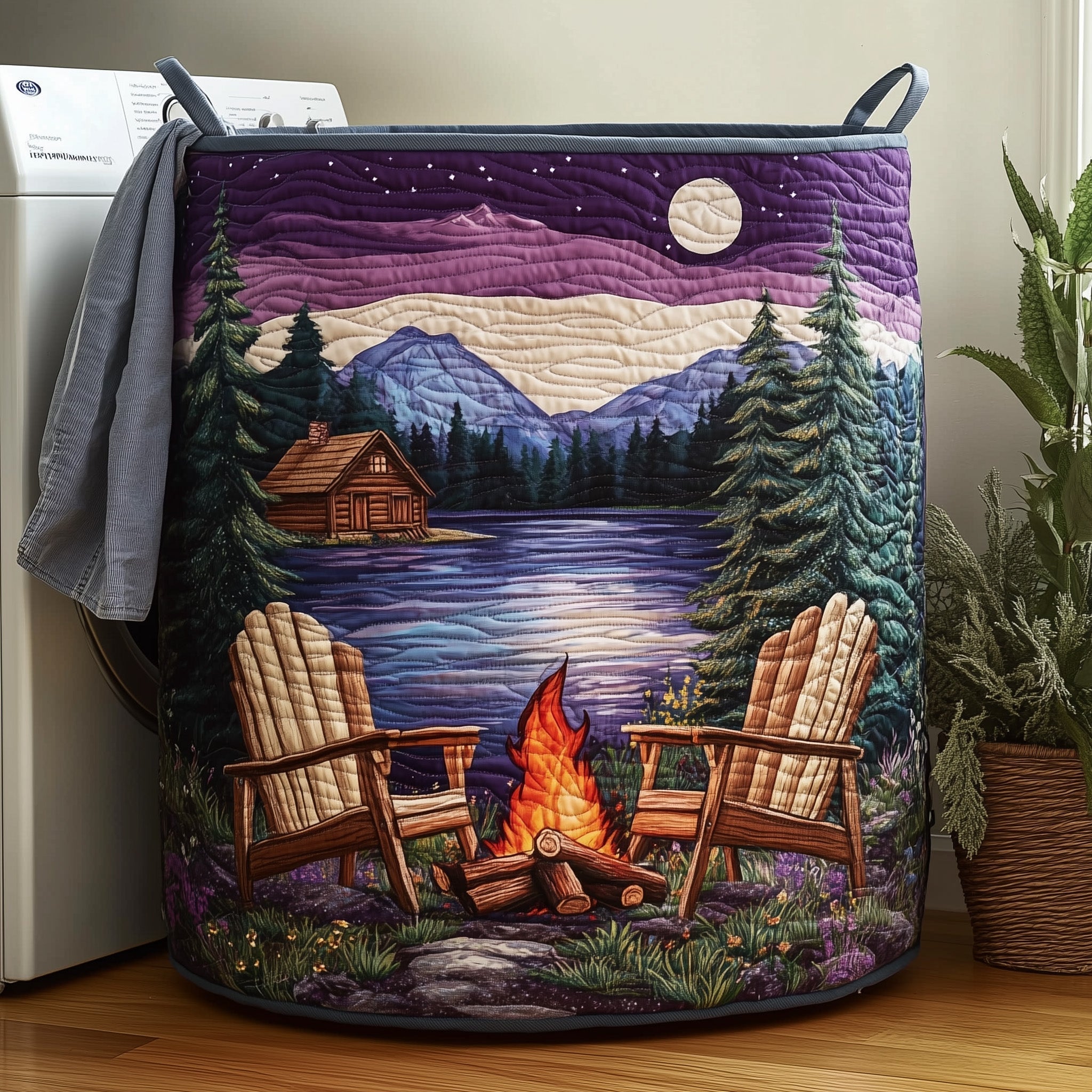 Camping Vibe Quilted Laundry Basket Purple Lakeside Cabin Laundry Hamper Unique Camping Gifts