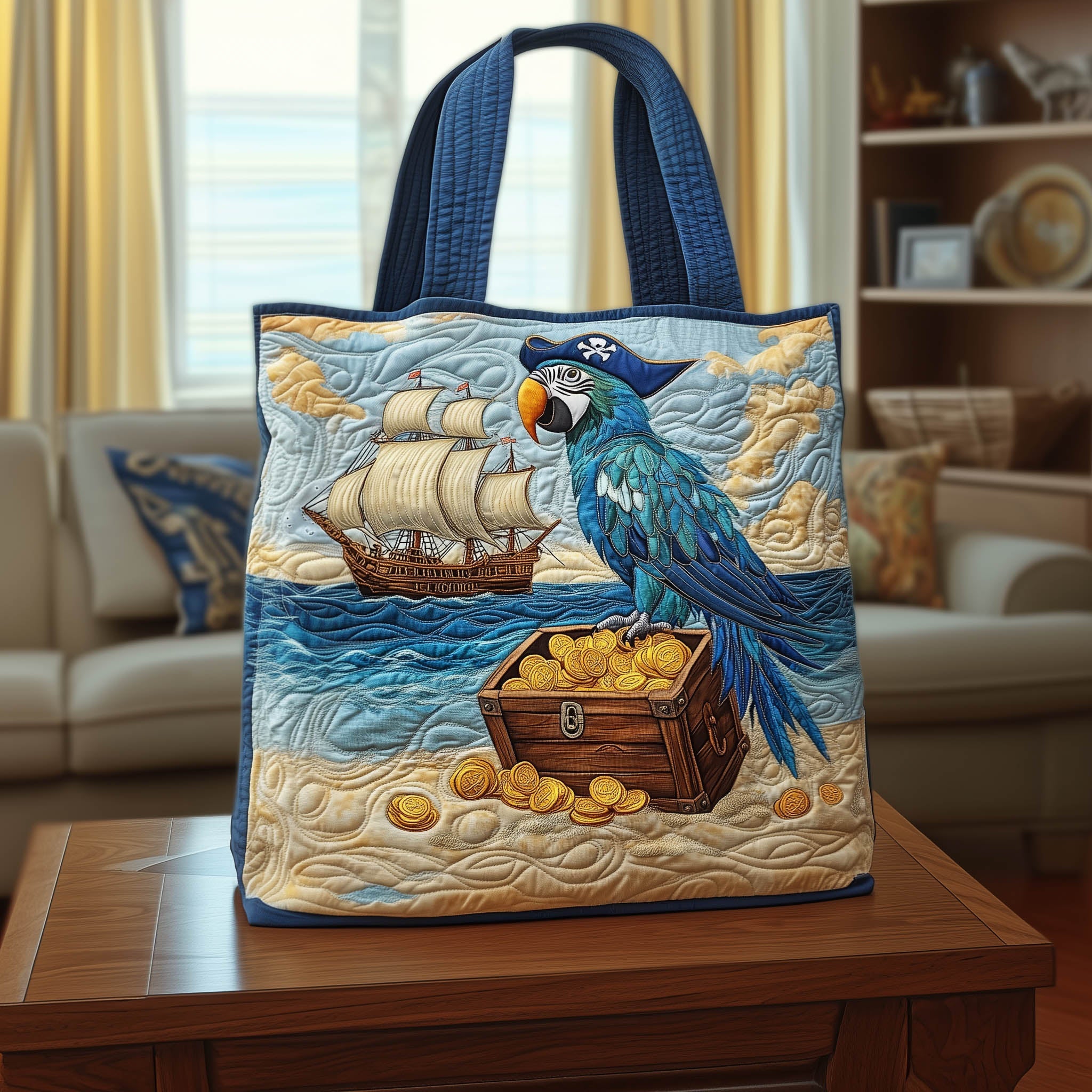 Captain Parrot Quilted Tote Bag Nautical Pirate Theme Shoulder Bags For Women Gifts Ideas