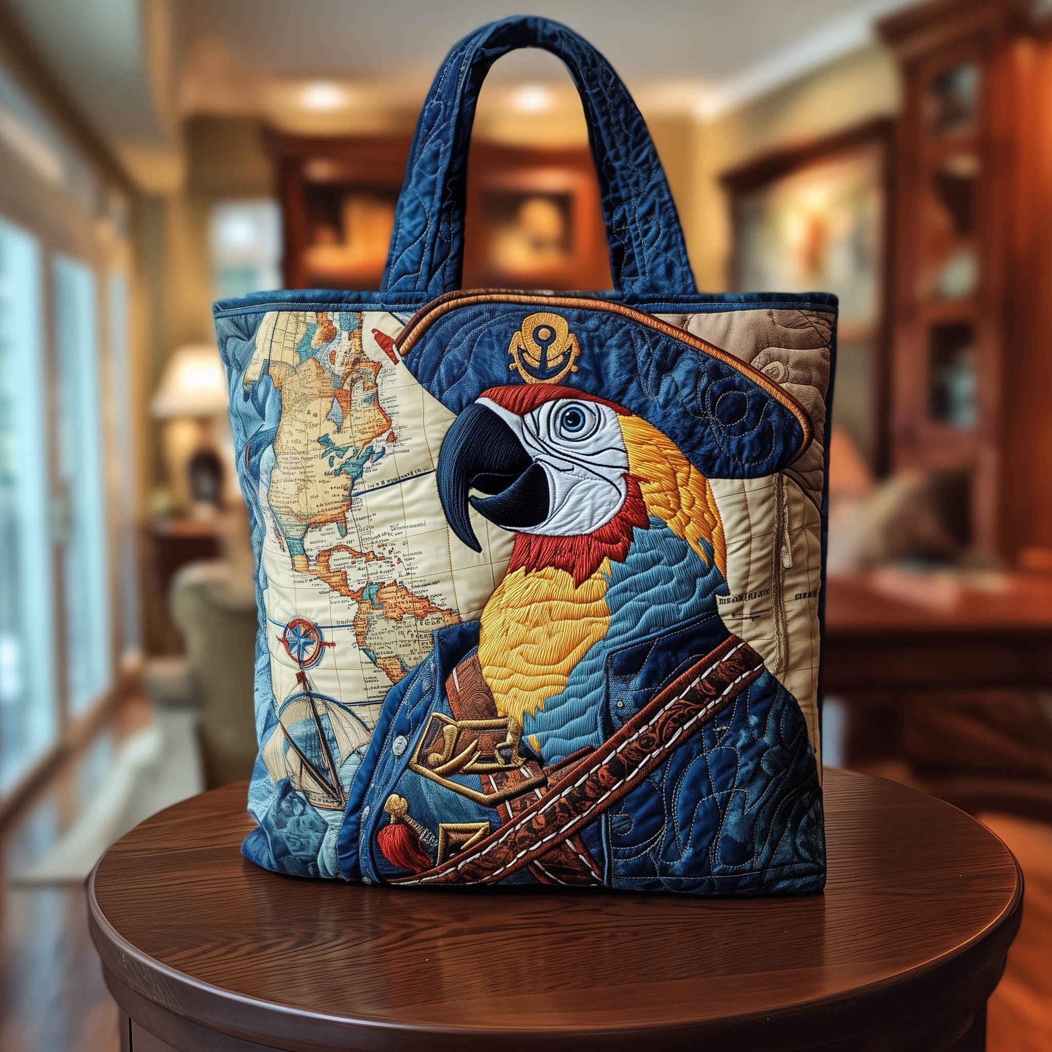 Captain Parrot Quilted Tote Bag World Map Pirate Themed Handbag Gifts For Nautical Lovers