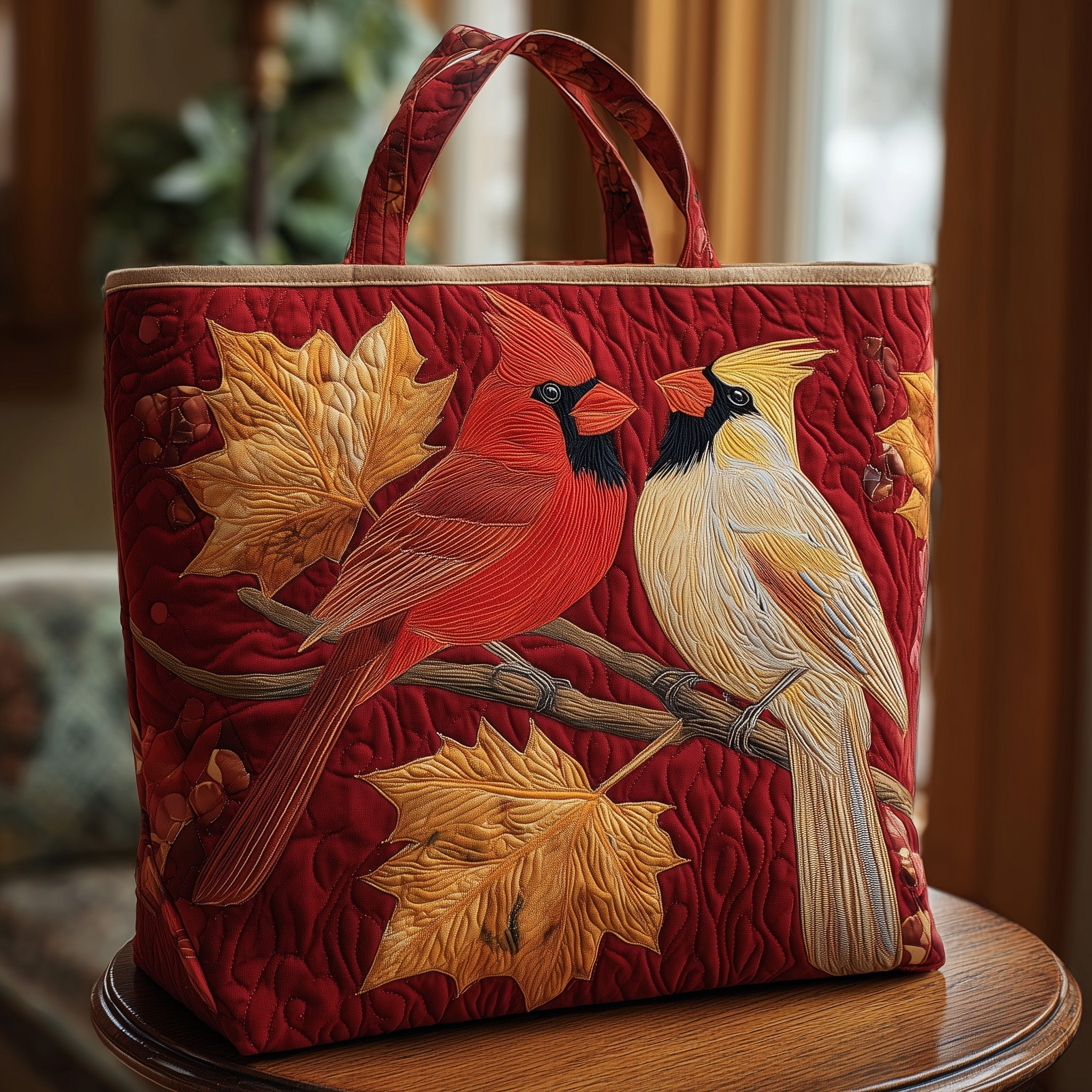 Cardinal Pair Quilted Tote Bag Autumn Themed Shoulder Bag Red Cardinal Gifts Ideas For Mom