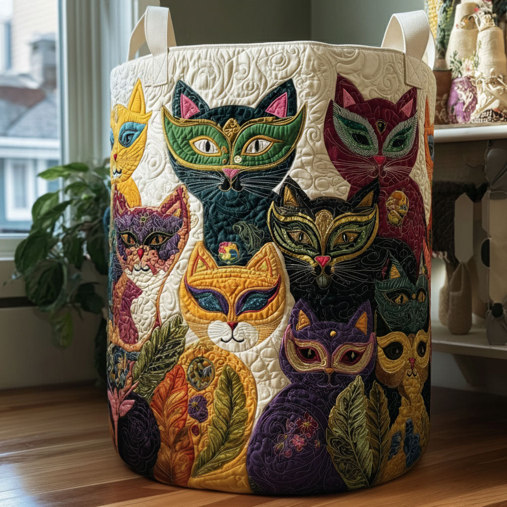 Carnival Cats Mardis Gras Quilted Laundry Basket Clothes Hamper Mardi Gras Gift Holiday