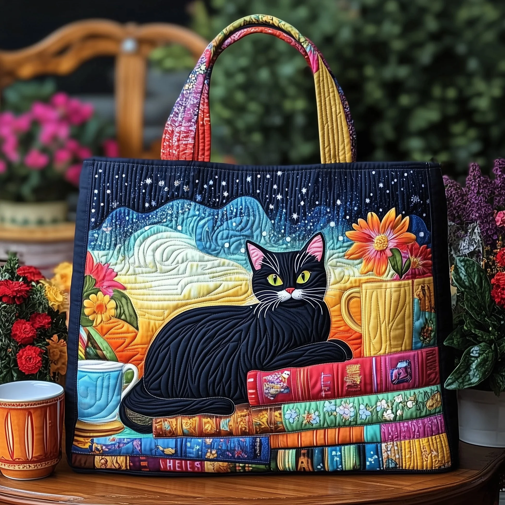 Cat And Book Quilted Tote Bag Best Tote Bags For Women Gifts For Cat Lovers