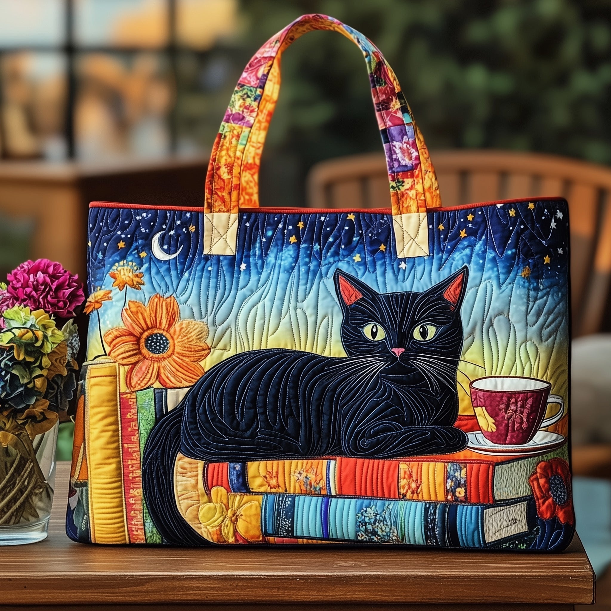 Cat And Book Quilted Tote Bag Handbag For Women Cat Gifts For Cat Lovers