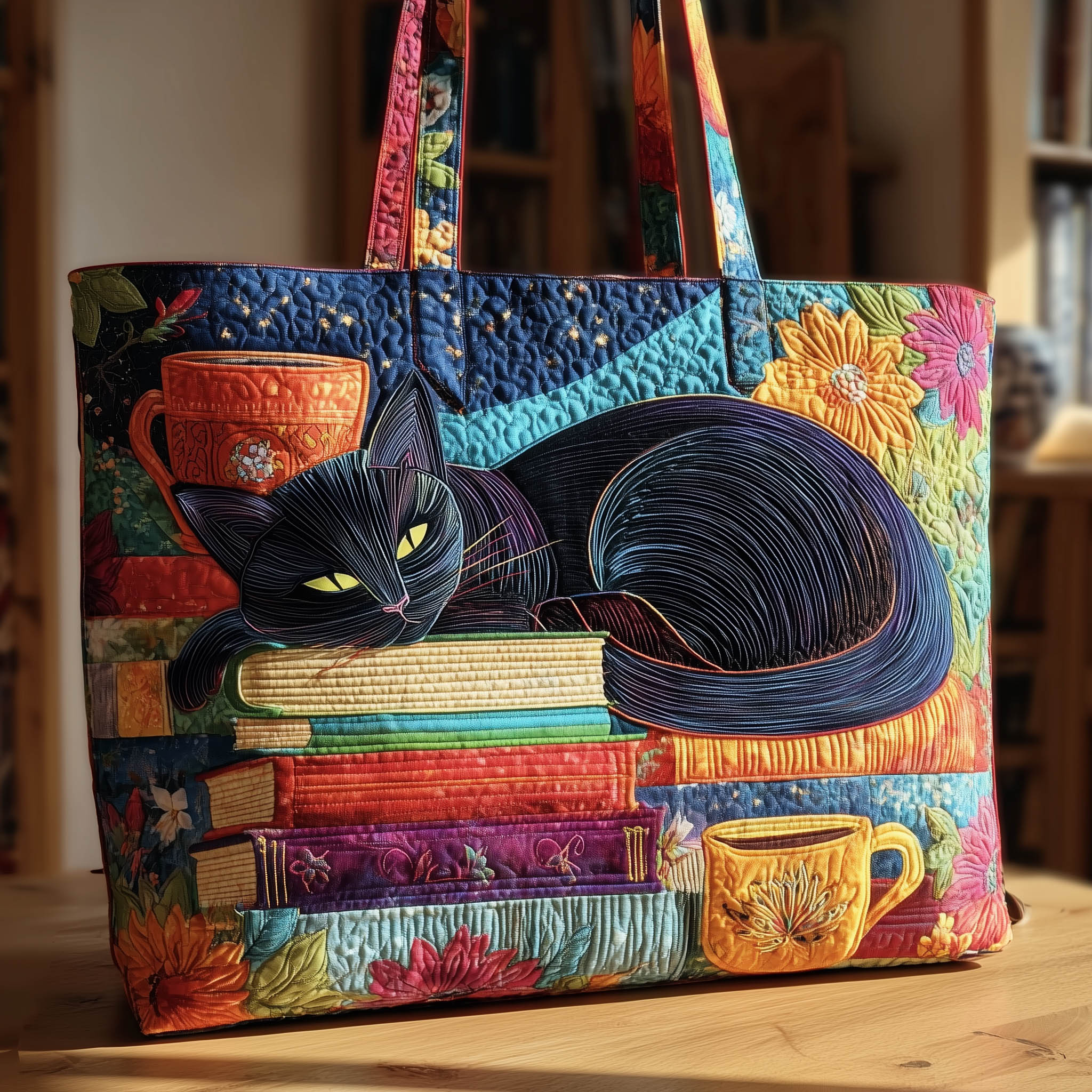 Cat And Books Quilted Tote Bag Best Totes For Women Gift Ideas For Cat Lovers