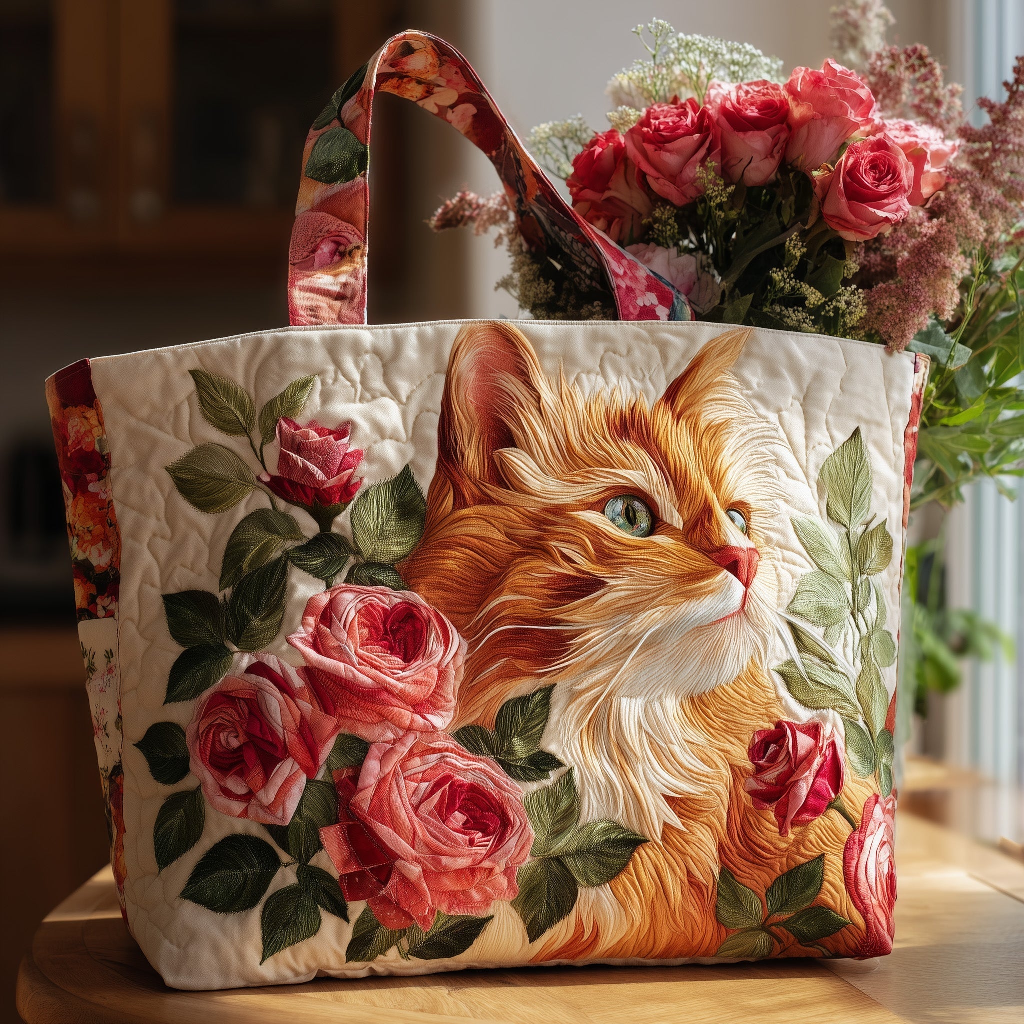 Cat And Rose Quilted Tote Bag Best Totes For Women Unique Gifts For Cat Lovers