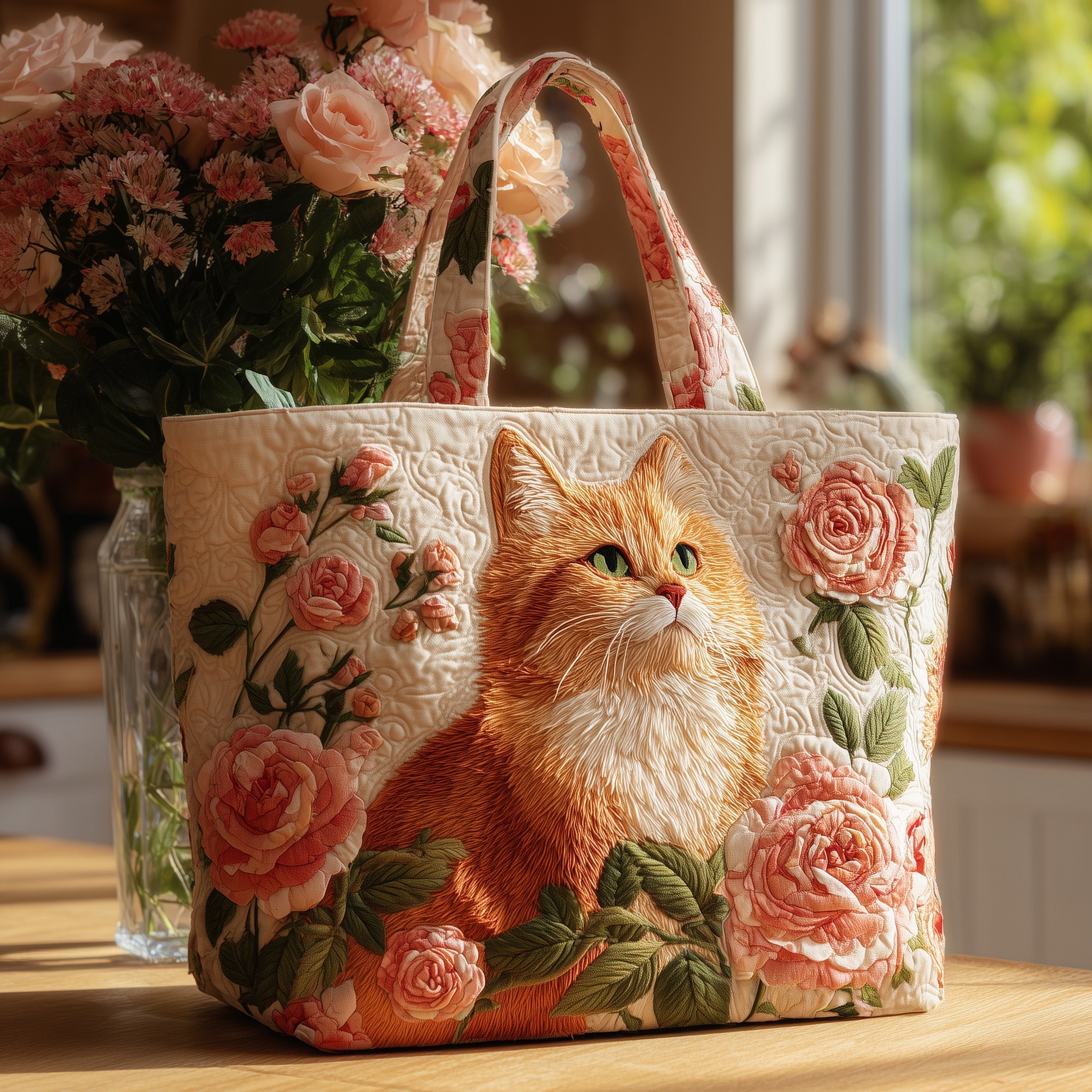 Cat And Rose Quilted Tote Bag Best Women's Shoulder Bags Best Gifts For Cat Lovers