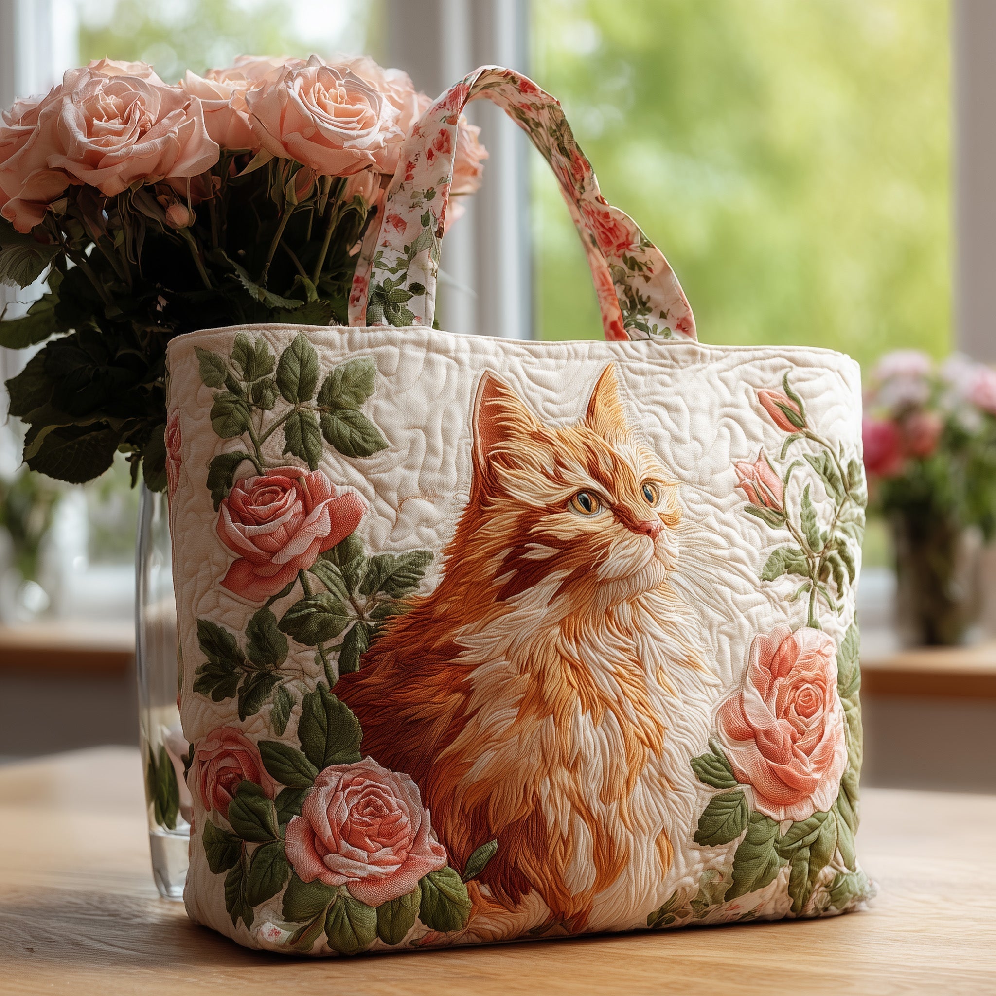 Cat And Rose Quilted Tote Bag Cool Tote Bags For Women Cat Love Gifts Items