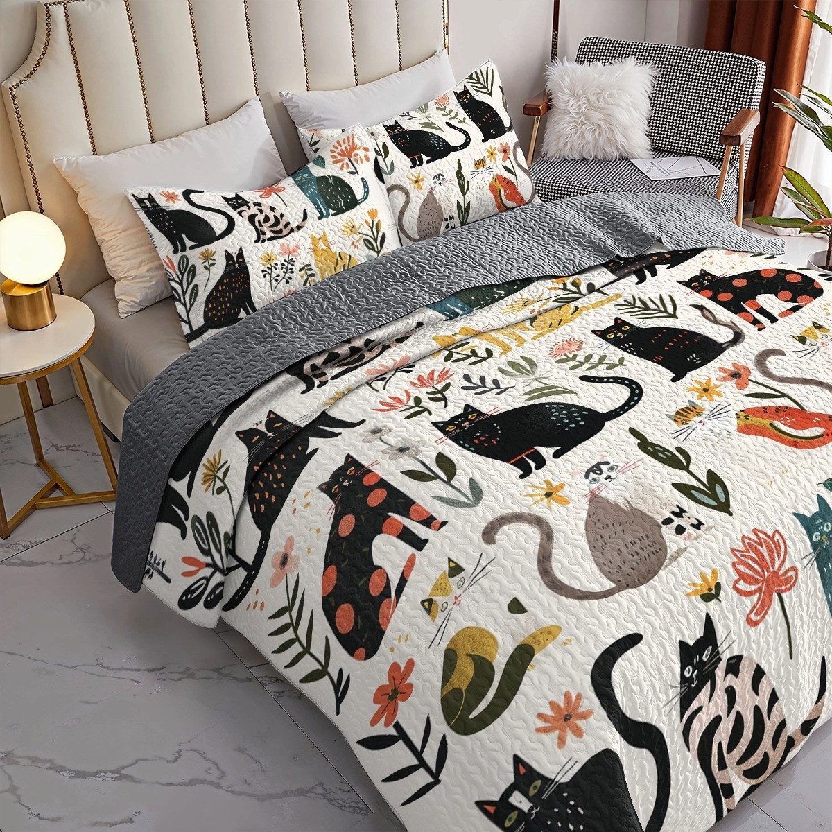 Cat Bliss Botanical Quilted Bedding Set Cute Cat Duvet Cover Sets Gifts For Cat Lovers