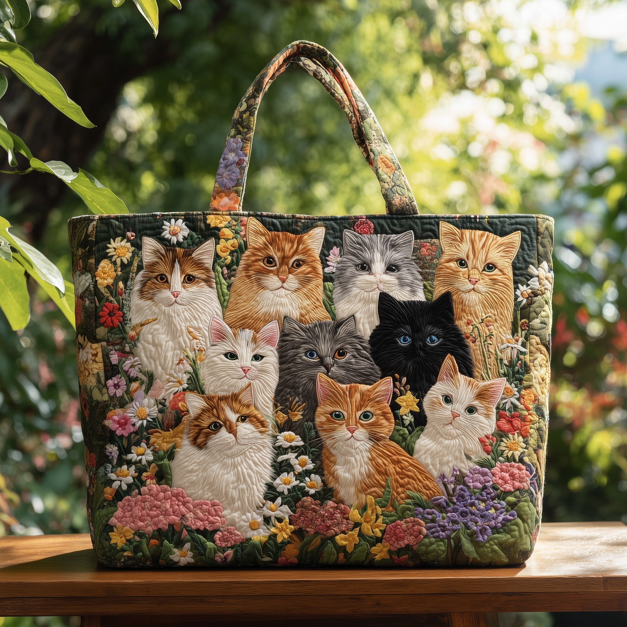 Cat Bliss Quilted Tote Bag Floral Garden Shoulder Bag Cute Gifts For Cat Lovers