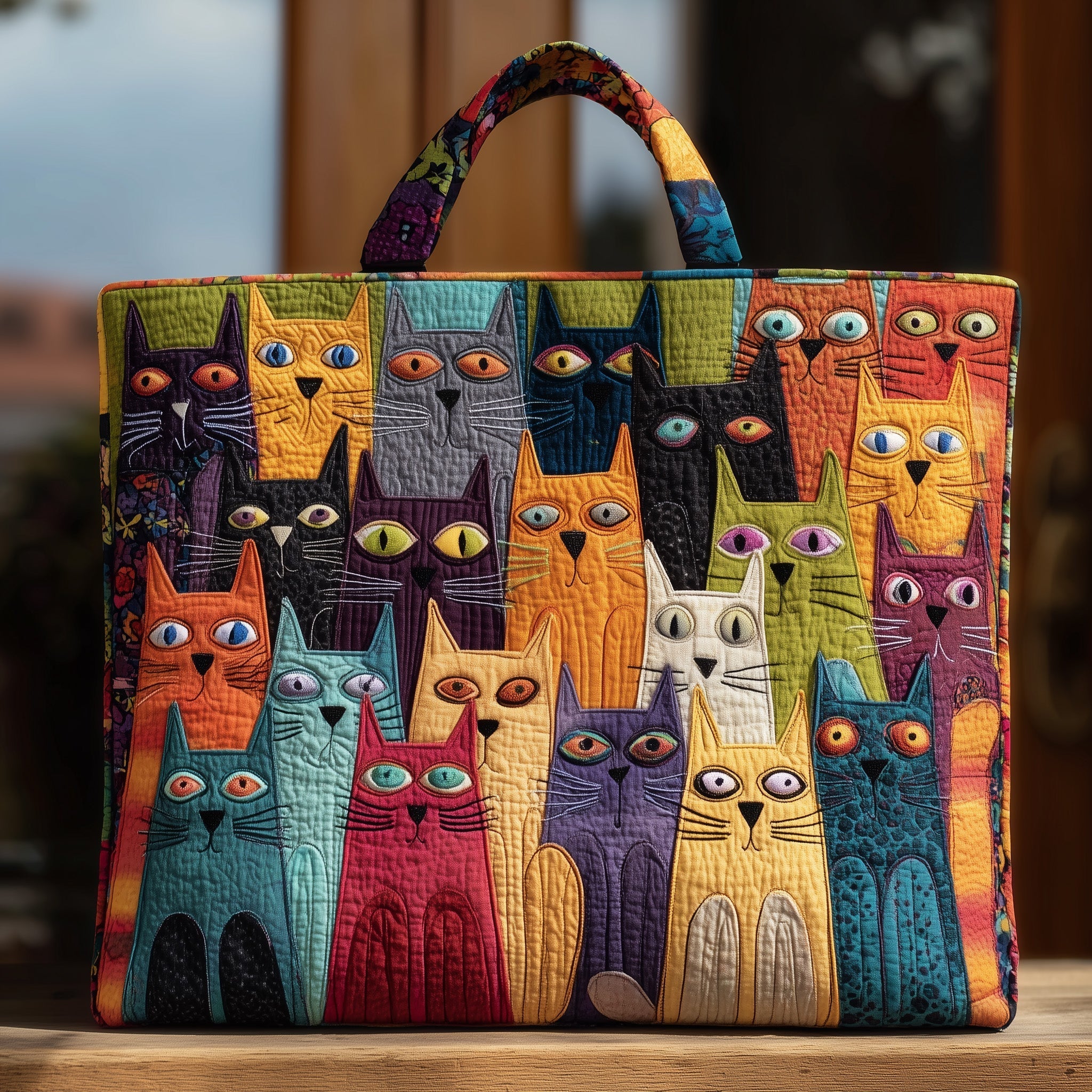 Cat Bliss Quilted Tote Bag Whimsical Animal Shoulder Bag Gifts For Cat Lovers