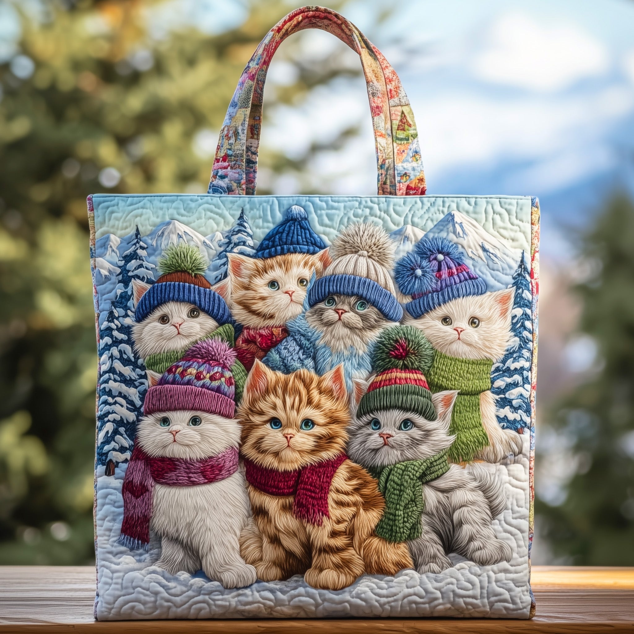 Cat Bliss Quilted Tote Bag Winter Themed Shoulder Bags For Women Cute Gifts For Cat Lovers