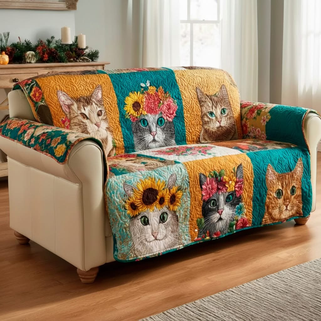 Cat Bloom Aura Quilted Sofa Cover Patchwork Floral Couch Covers Gift Idea For Cat Mom