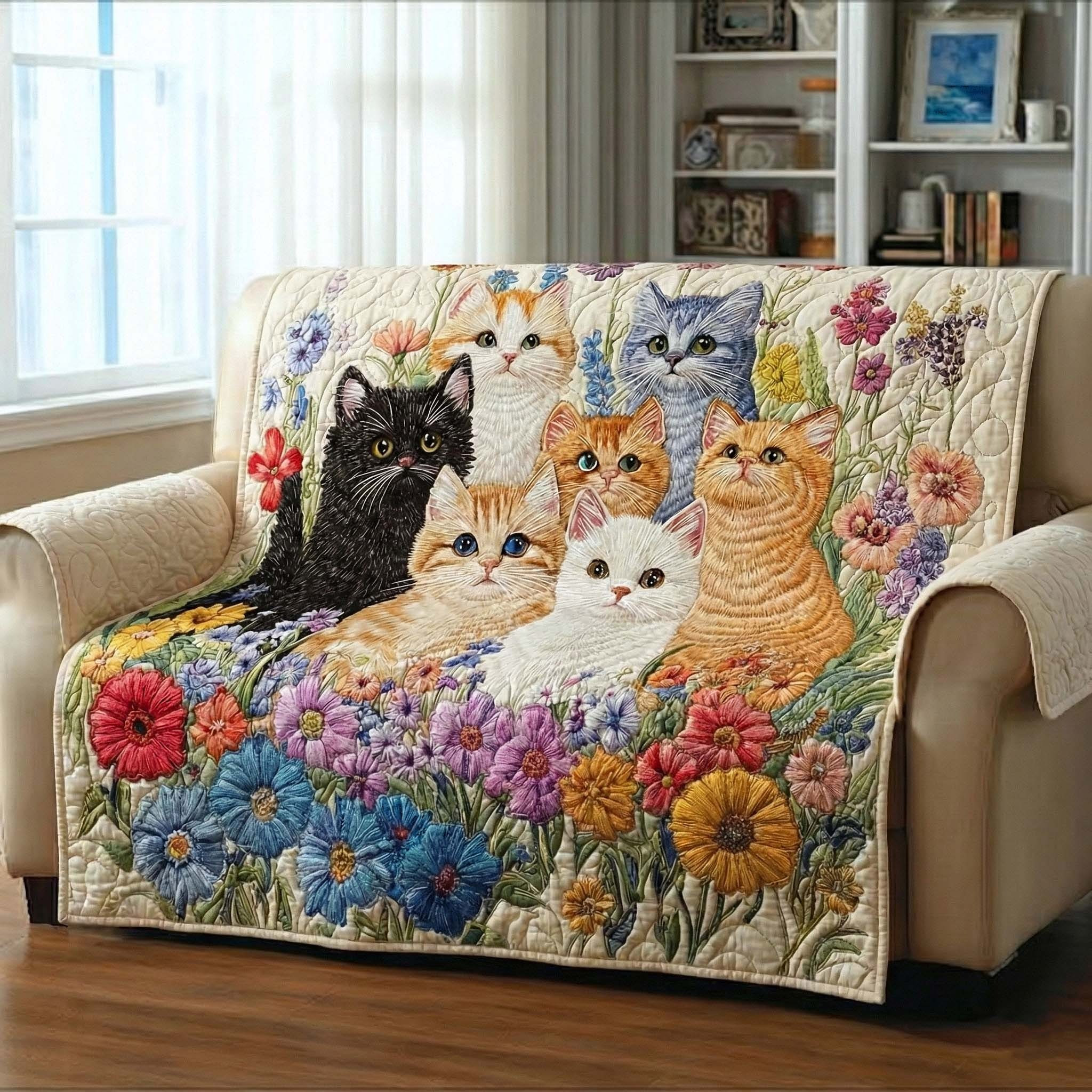 Cat Blooming Meadow Quilted Sofa Cover Floral Kitten Couch Covers Cute Gifts For Cat Lovers