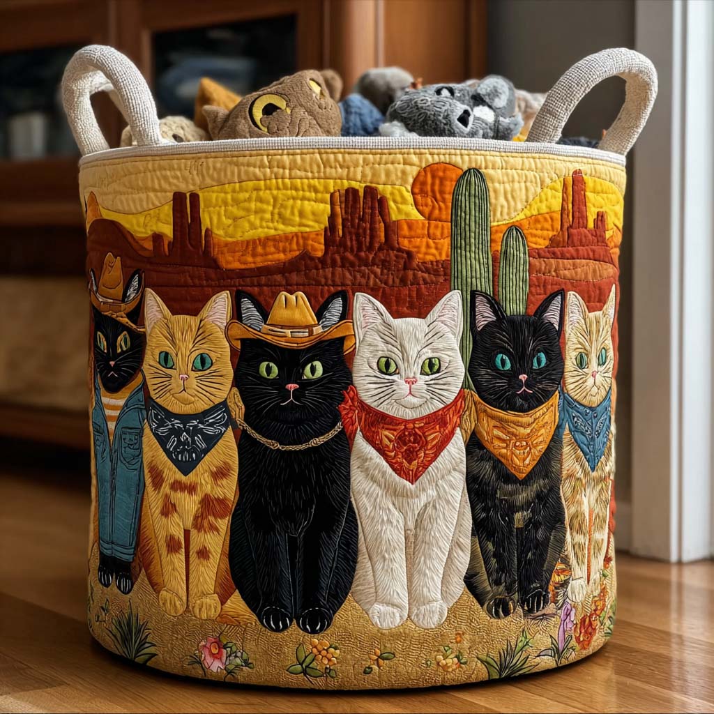 Cat Cactus Western Quilted Laundry Basket Cute Fabric Storage Bin Family Clothes Hamper