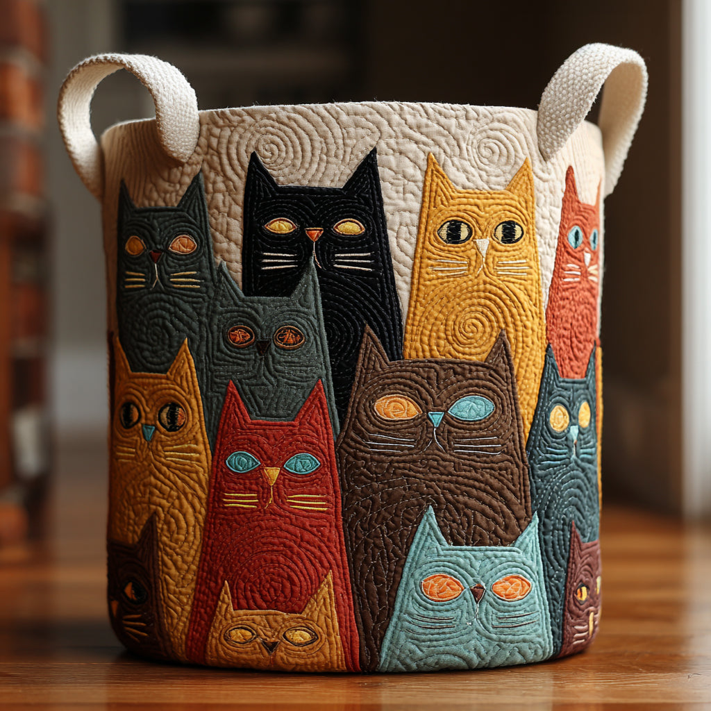 Cat Celebration Quilted Laundry Basket Cute Fabric Storage Bin Clothes Hamper Cat Gifts