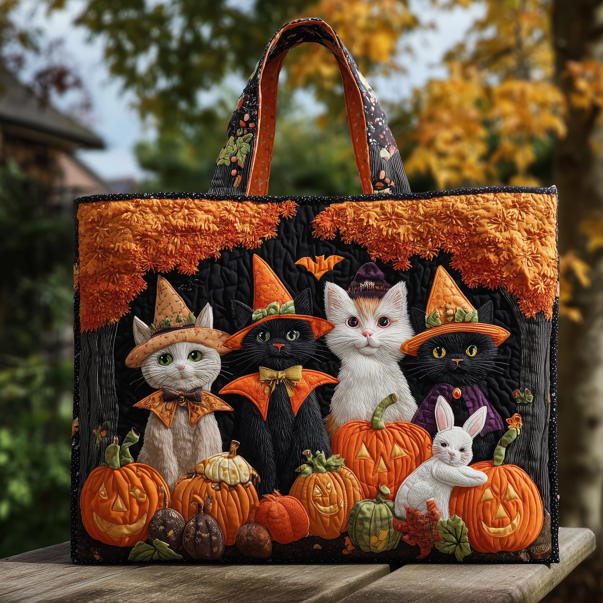 Cat Coven Halloween Quilted Tote Bag Spooky Handbag For Women Cat Related Gifts
