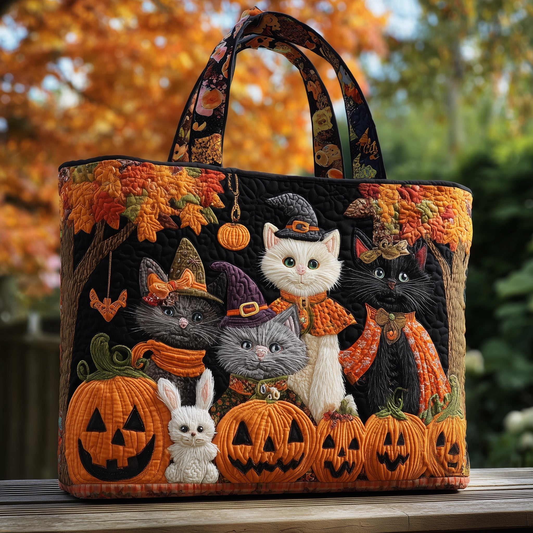 Cat Coven Halloween Quilted Tote Bag Spooky Shoulder Bags For Women Themed Cat Presents