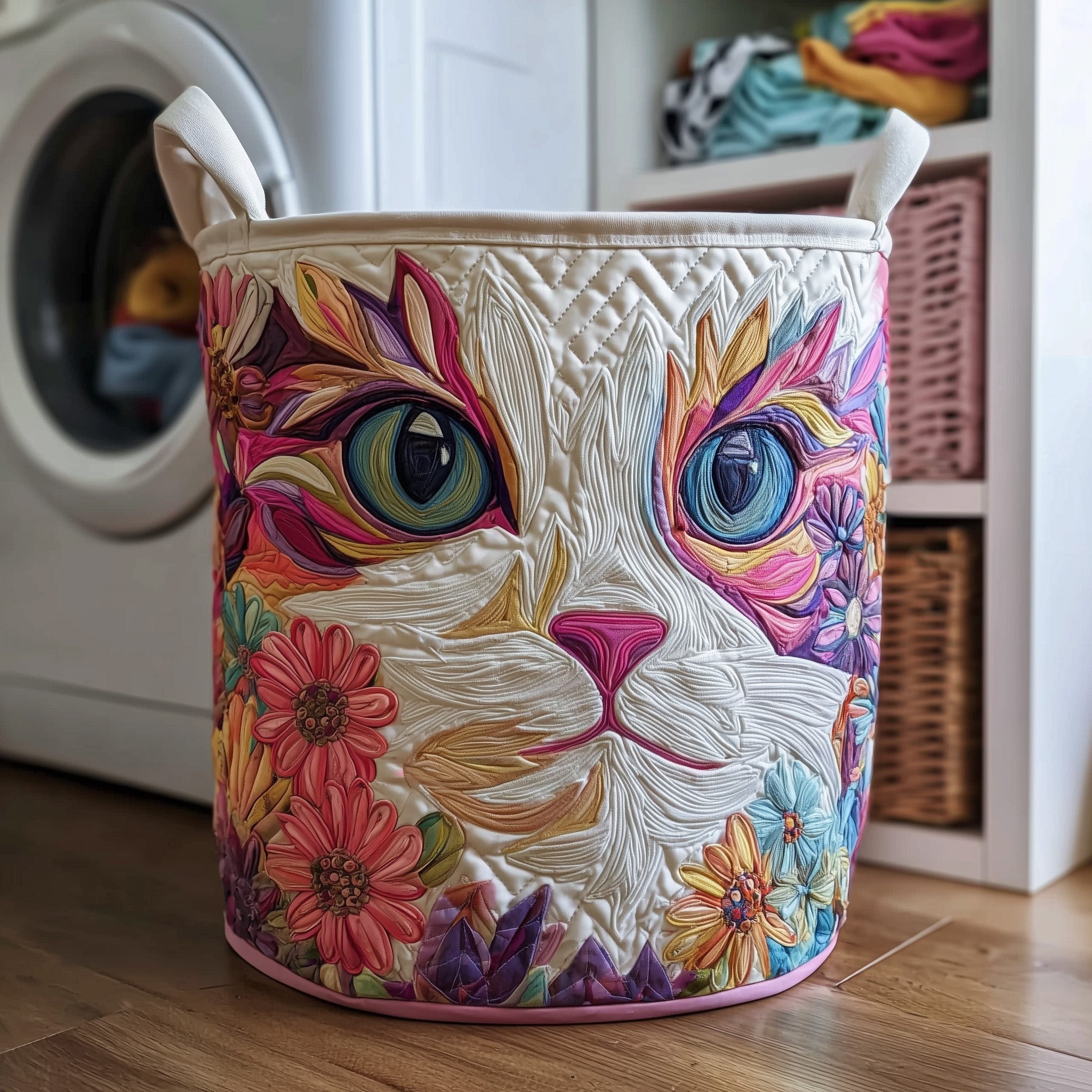 Cat Face Artistic Quilted Laundry Basket Floral Clothes Hamper Cute Gifts For Cat Lovers