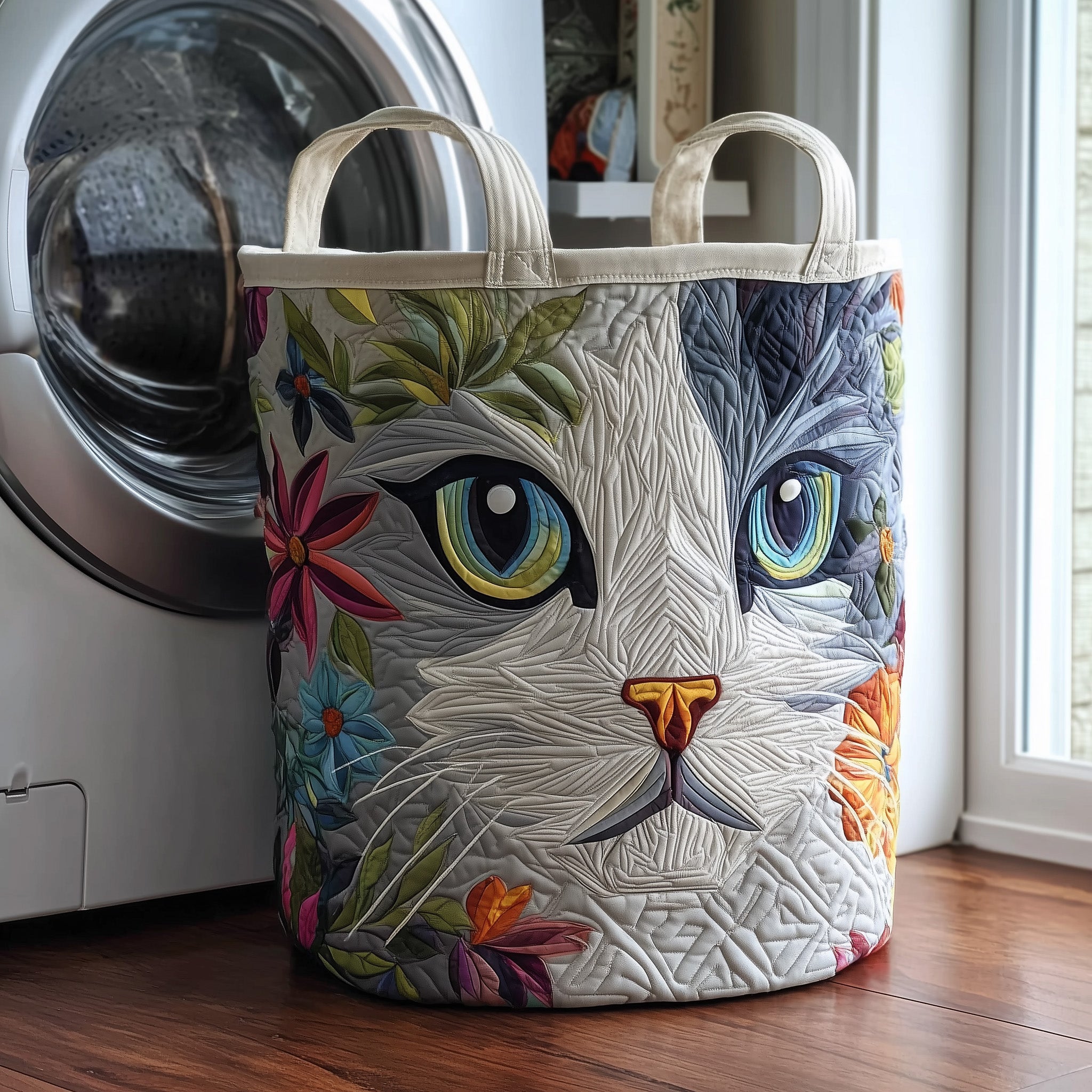 Cat Face Artistic Quilted Laundry Basket Floral Clothes Hamper Items For Cat Lovers