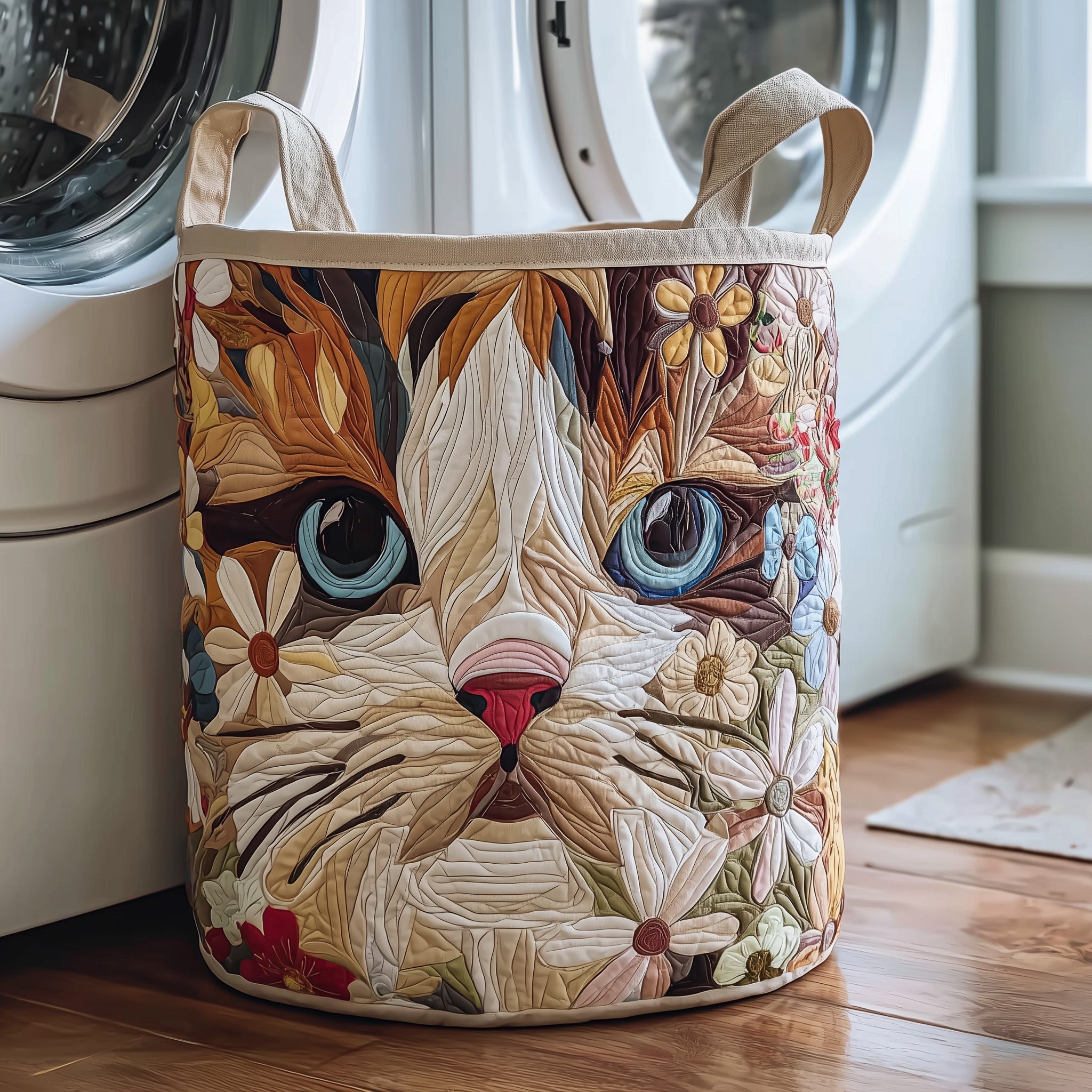 Cat Face Artistic Quilted Laundry Basket Floral Cool Laundry Basket Unusual Gifts For Cat Lover