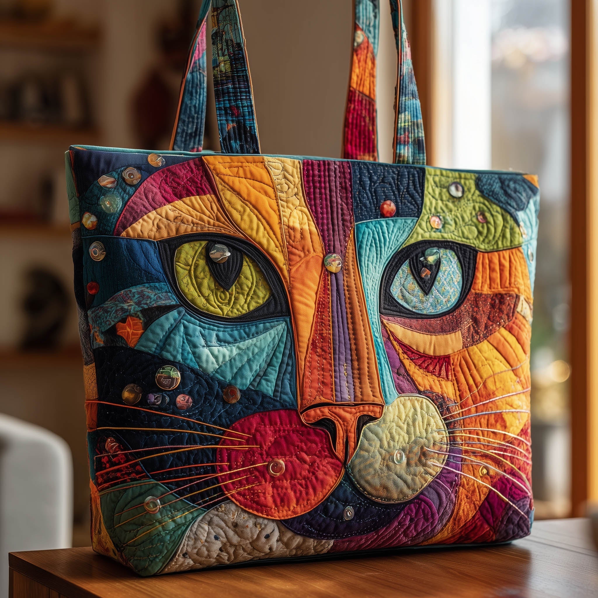 Cat Face Quilted Tote Bag Colorful Handbag For Women Cat Themed Birthday Presents