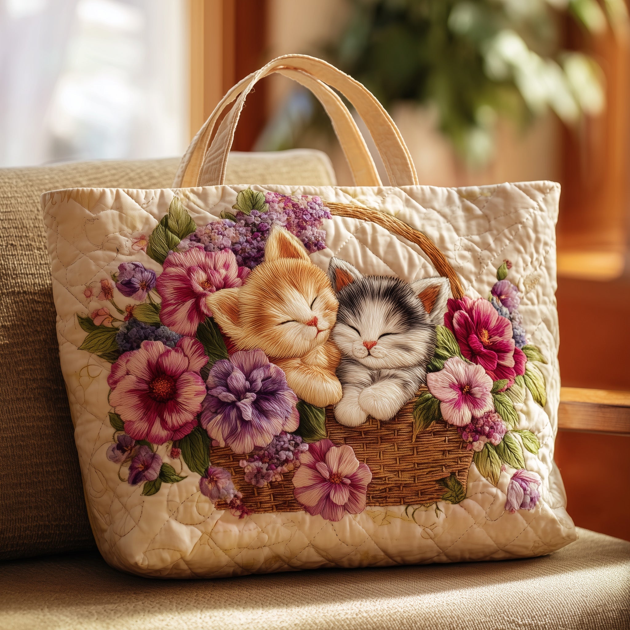 Cat In Bloom Quilted Tote Bag Best Shoulder Handbags Awesome Gifts For Cat Lovers