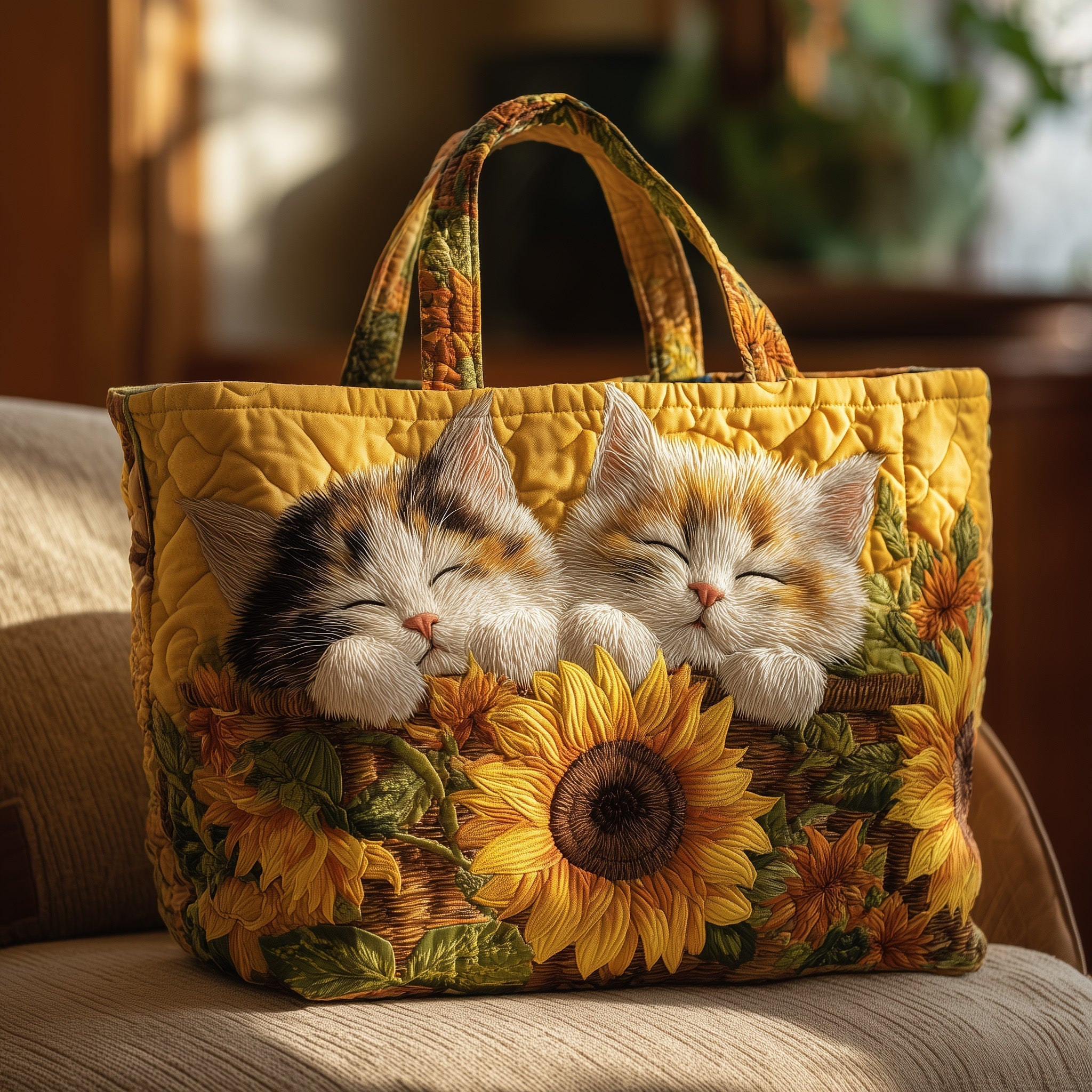 Cat In Bloom Quilted Tote Bag Sunflower Shoulder Bags For Women Cat Themed Birthday Gifts