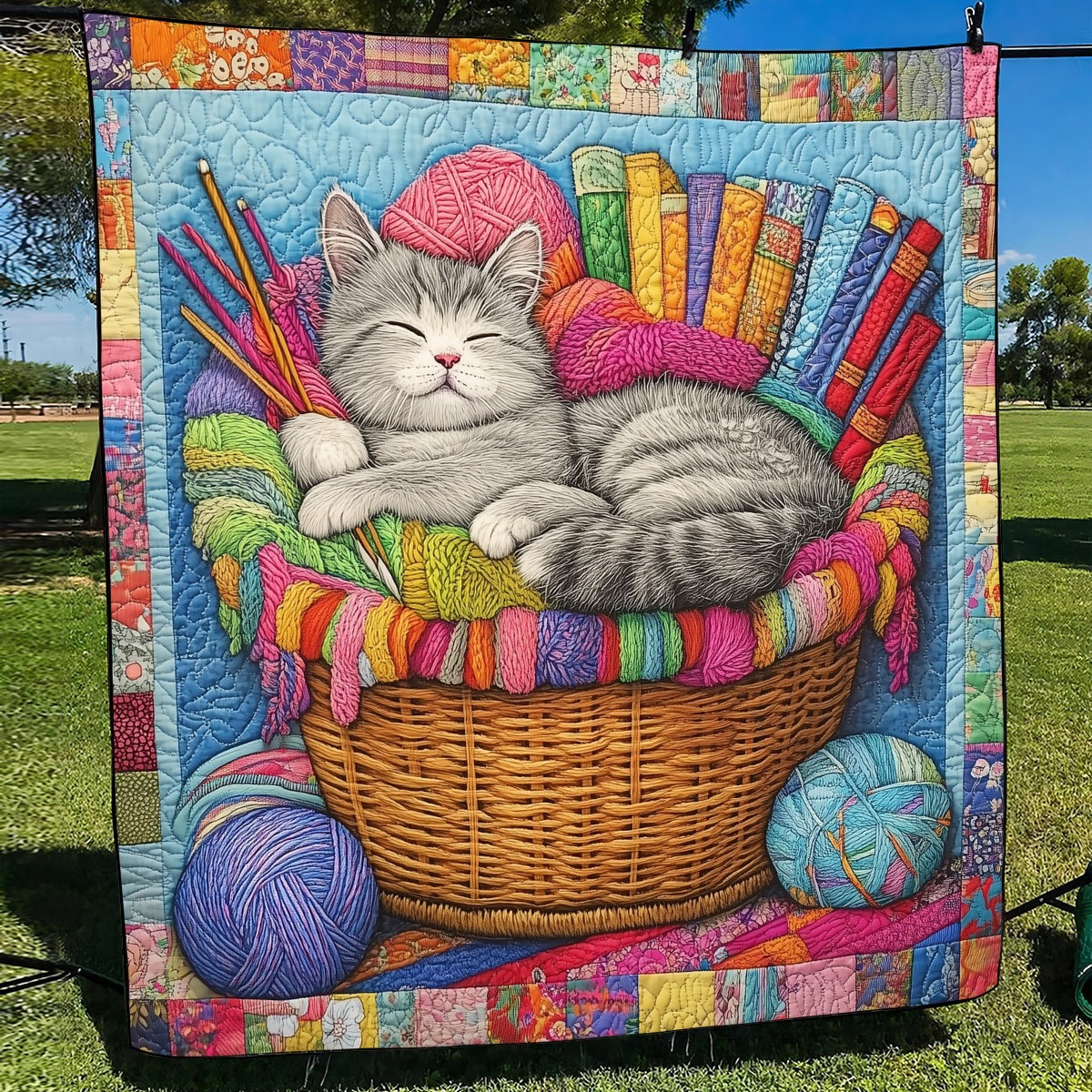 Cat Knitting Quilted Blanket Colorful Sleeping Cat Throw Blanket Cute Gifts For Cat Mom