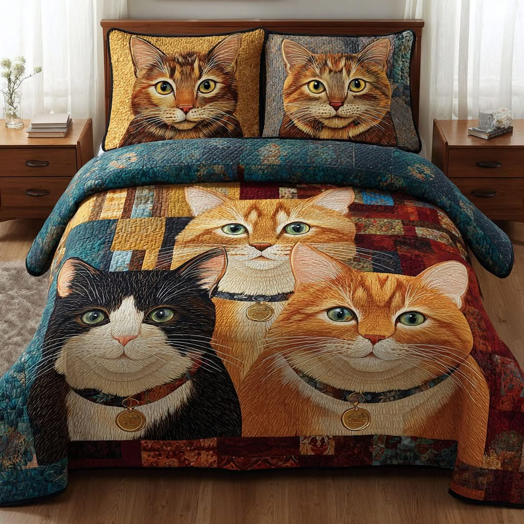 Cat Patchwork Quilted Bedding Set Whimsical Animal Bedspread Set Gifts For Cat Lovers