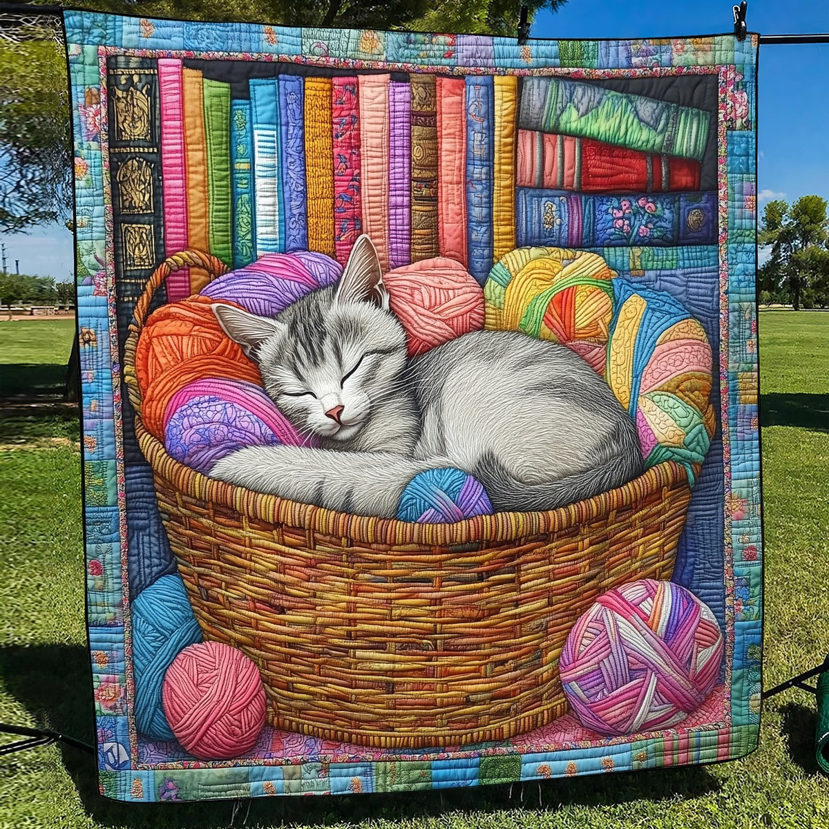 Cat Purring Serenity Quilted Blanket Colorful Yarn Balls Throw Blanket Gifts For Cat Lovers
