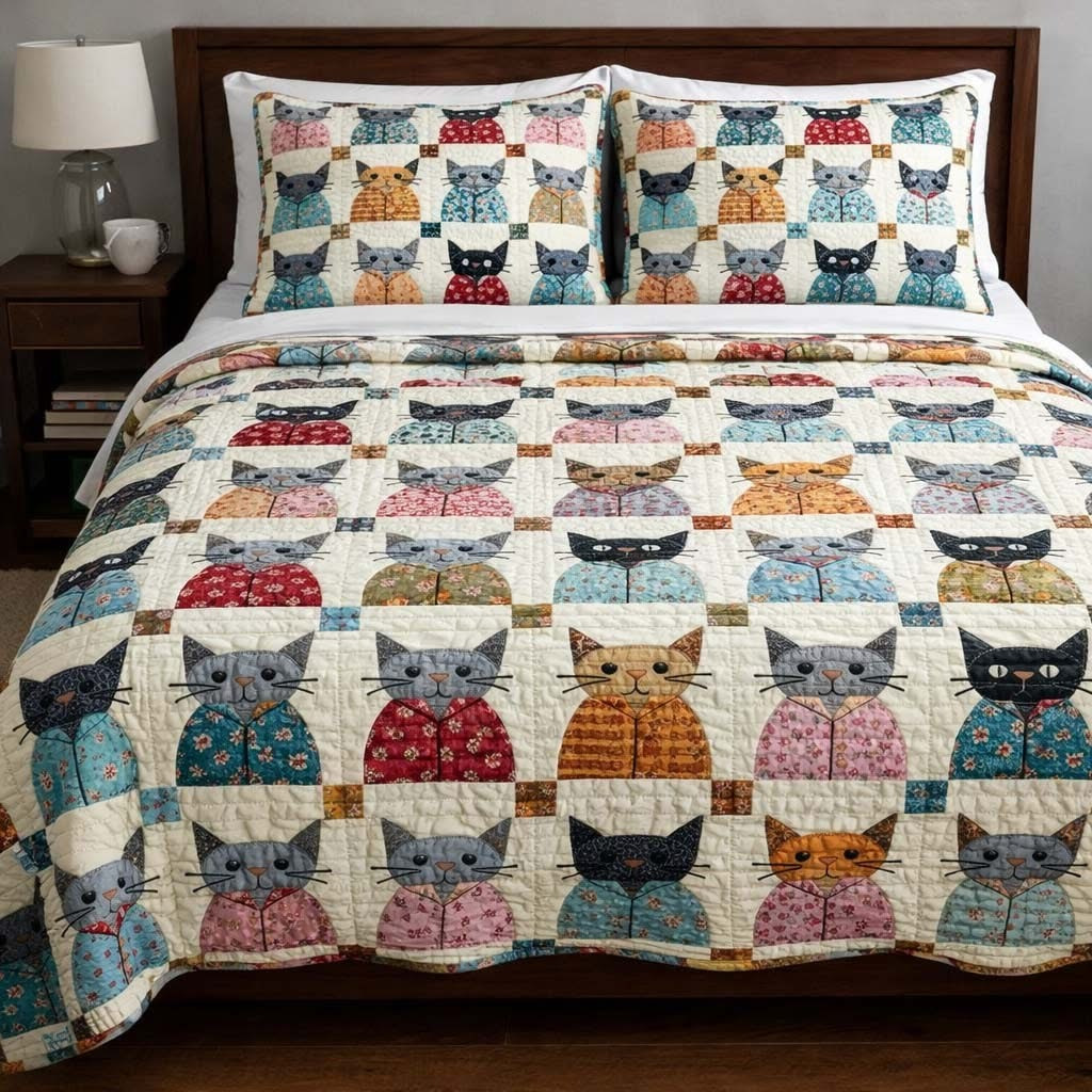 Cat Serenity Quilted Bedding Set Whimsical Animal Patchwork Bed Sheet Set Gifts For Cat Lovers