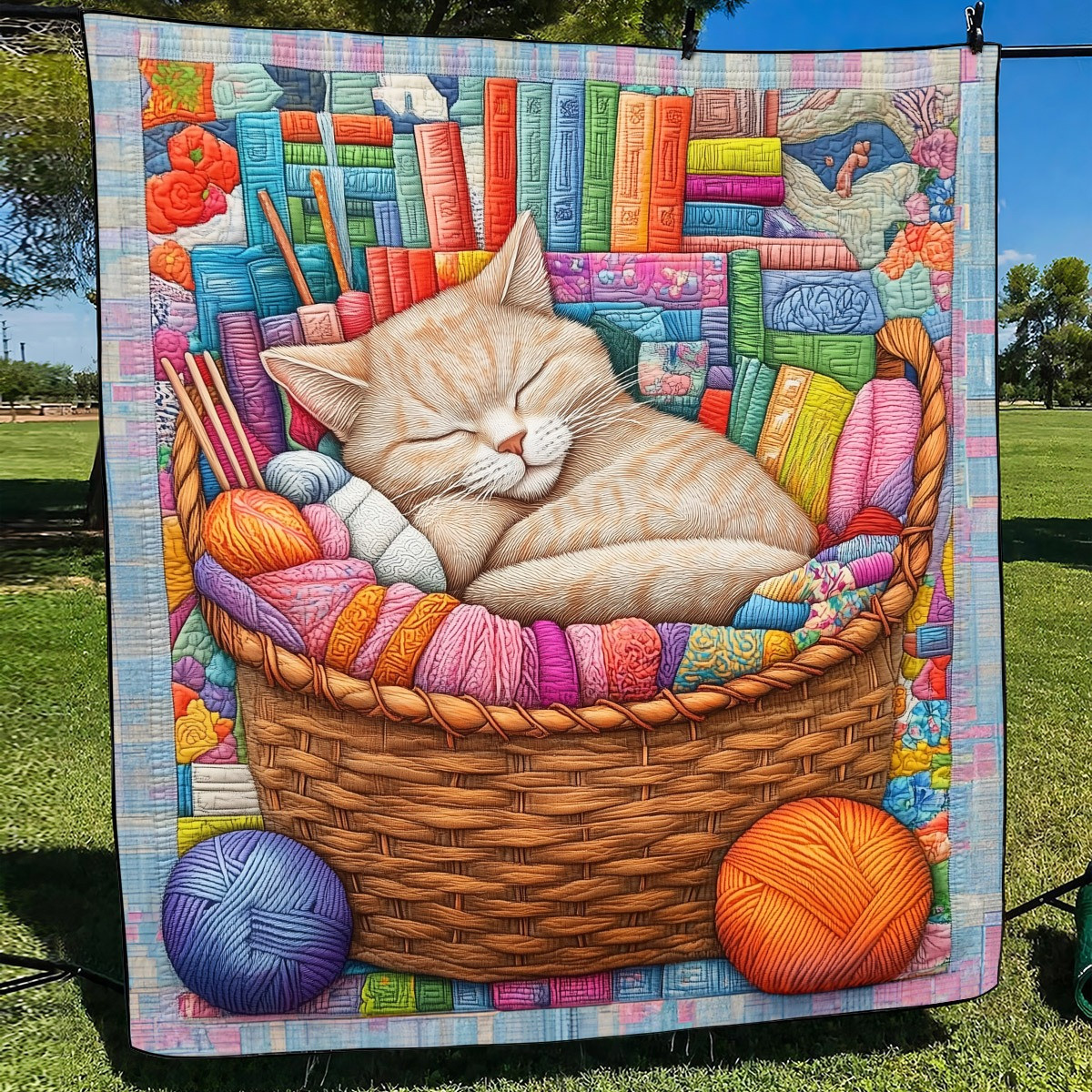 Cat Sleepy Whiskers Quilted Blanket Colorful Yarn Balls Throw Blanket Gifts For Cat Lovers