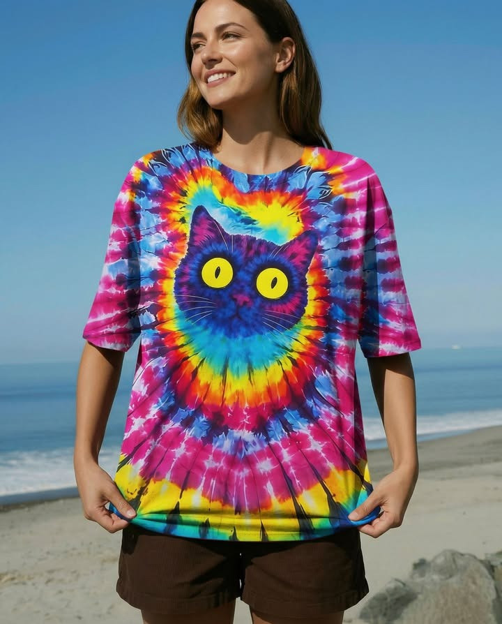 Cat Tie Dye Shirt Funny Animal Colorful T-Shirt Cat Lovers Gifts For Her