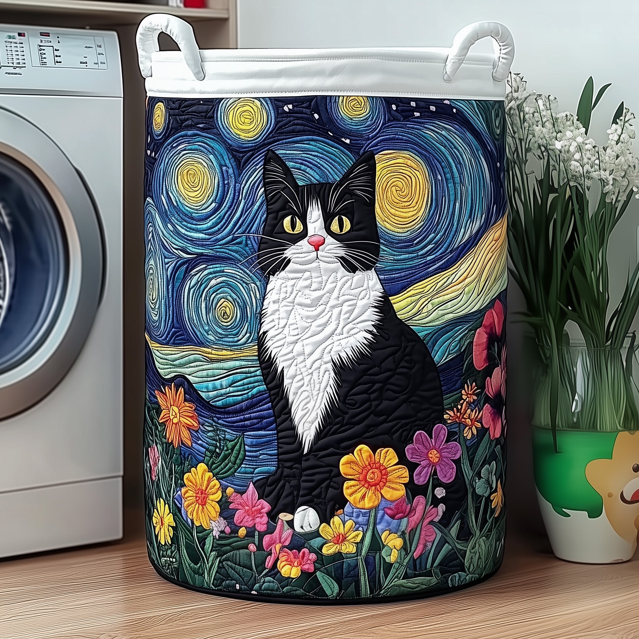 Cat Under Starry Night Quilted Laundry Basket Unique Clothes Hamper Best Cat Gifts
