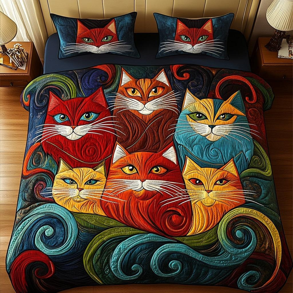 Cat Whiskers Quilted Bedding Set Colorful Pop Art Animal Bedspread Gifts For Cat Lovers