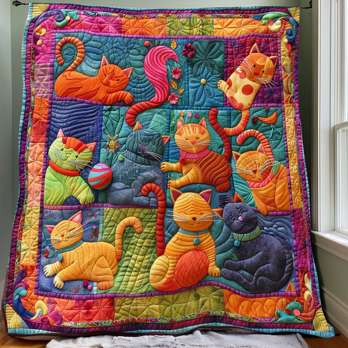 Cats And Colorful Yarns Quilt Blanket Cute Animal Throw Balnekt Gifts For Cat Mom