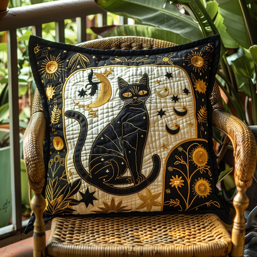 Celestial Black Cat Quilted Pillow Case Artistic Accent Pillow Gift For Cat Lover