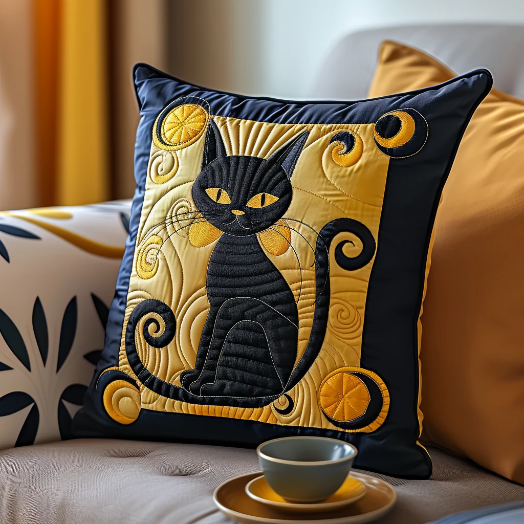 Celestial Cat Noir Quilted Pillow Case Artistic Accent Pillow Gift For Her